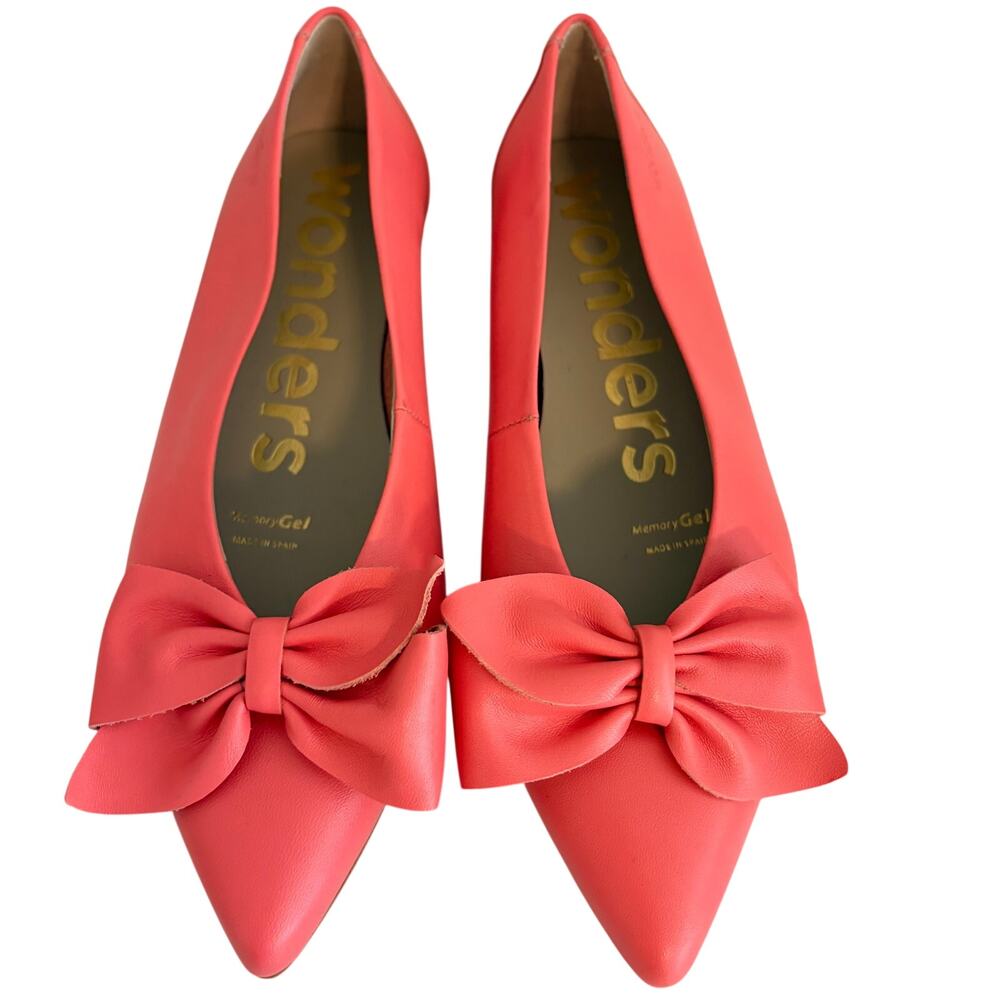 NWT Wonders Spain Triana Coral Leather Pointed Toe Ballet Flats w/ Bow Parisan